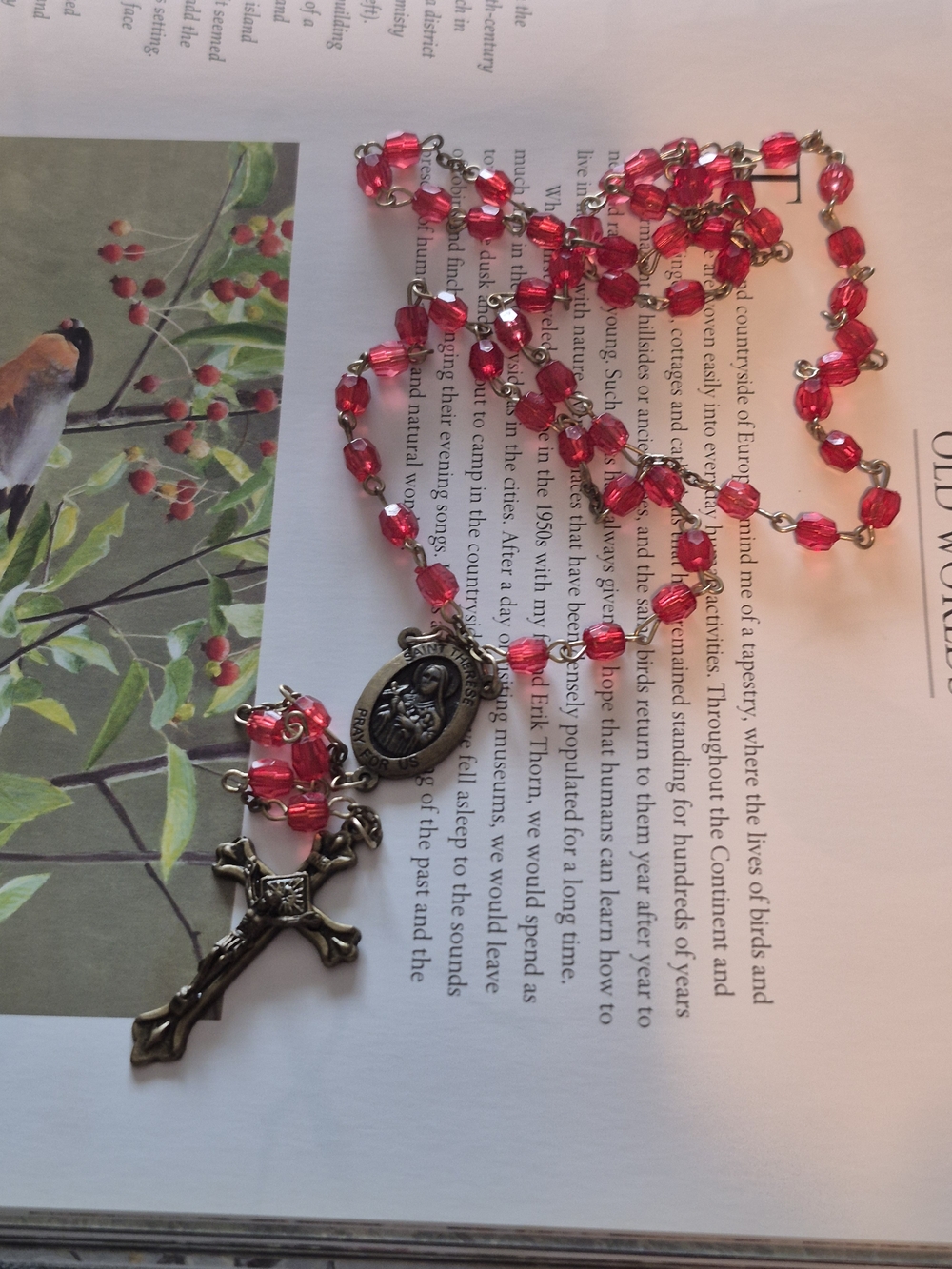 Catholic Red  Beaded Rosary Necklace with Cross Sait Therese